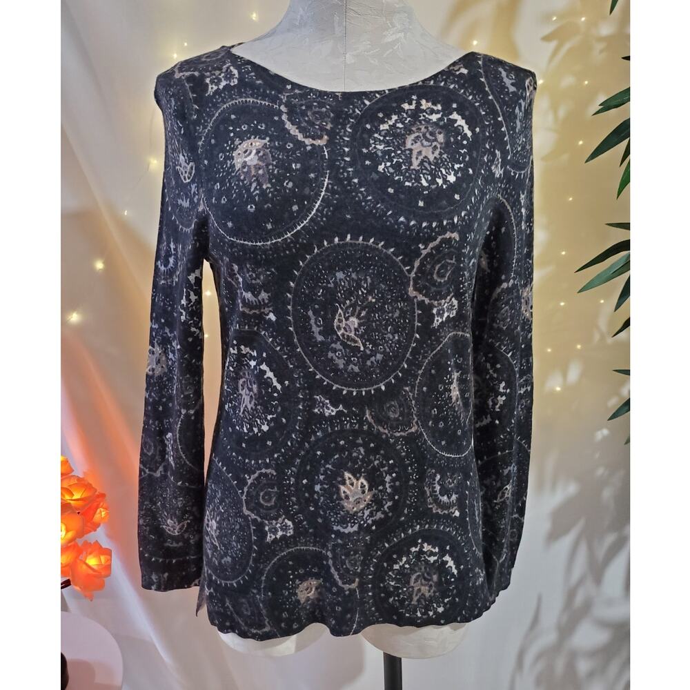 Talbots Mandala Pure Merino Wool Boho Knit Sweater Womens Size M Black Gray Tan